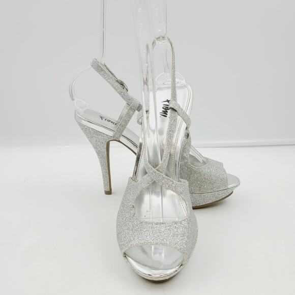 Fioni Silver Glitter Peep-toe Stilettos, Size 8, EUC - Picture 1 of 8